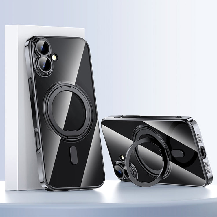 For iPhone 16 Plus Plating PC 360 Ring Holder Magsafe Phone Case(Clear Black) by buy2fix