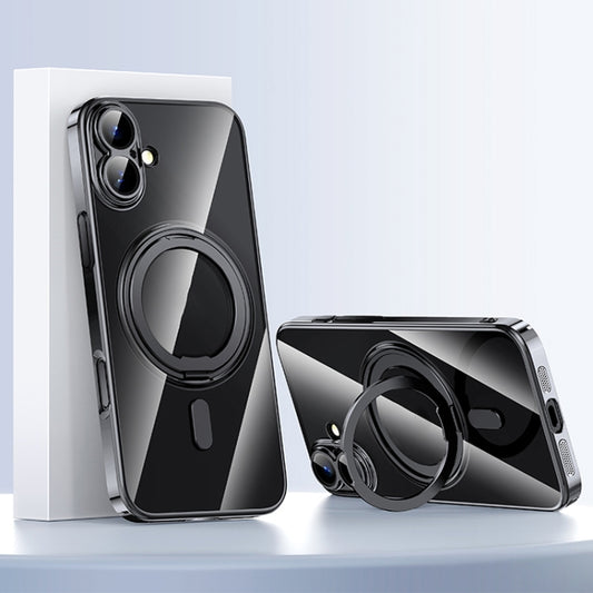 For iPhone 16 Plus Plating PC 360 Ring Holder Magsafe Phone Case(Clear Black) by buy2fix