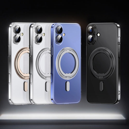 For iPhone 16 Plating PC 360 Ring Holder Magsafe Phone Case(Clear Gold) by buy2fix