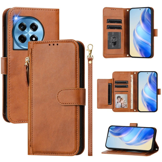 For OnePlus 12 Global Multi-Card Slots Zipper Wallet Leather Phone Case(Brown) by buy2fix
