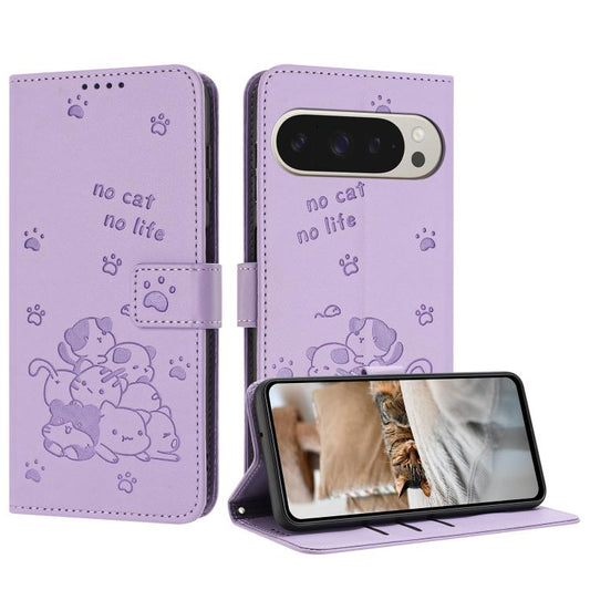 For Google Pixel 10 Pro XL Embossed Kitten Phone Leather Case with Lanyard(Purple) - Google Cases by buy2fix | Online Shopping UK | buy2fix