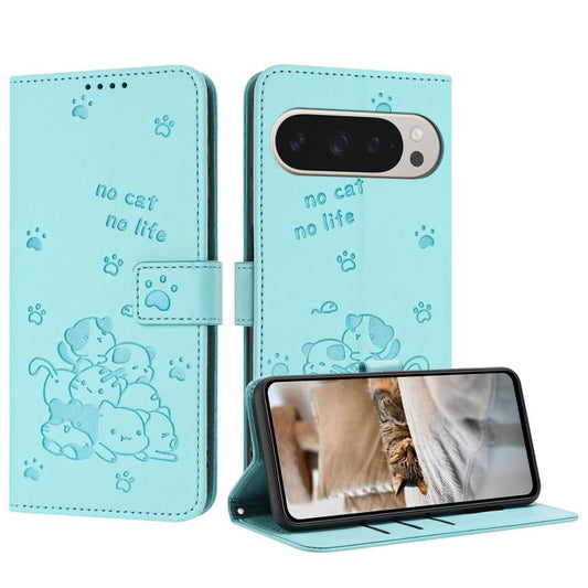 For Google Pixel 10 Pro XL Embossed Kitten Phone Leather Case with Lanyard(Mint Green) - Google Cases by buy2fix | Online Shopping UK | buy2fix