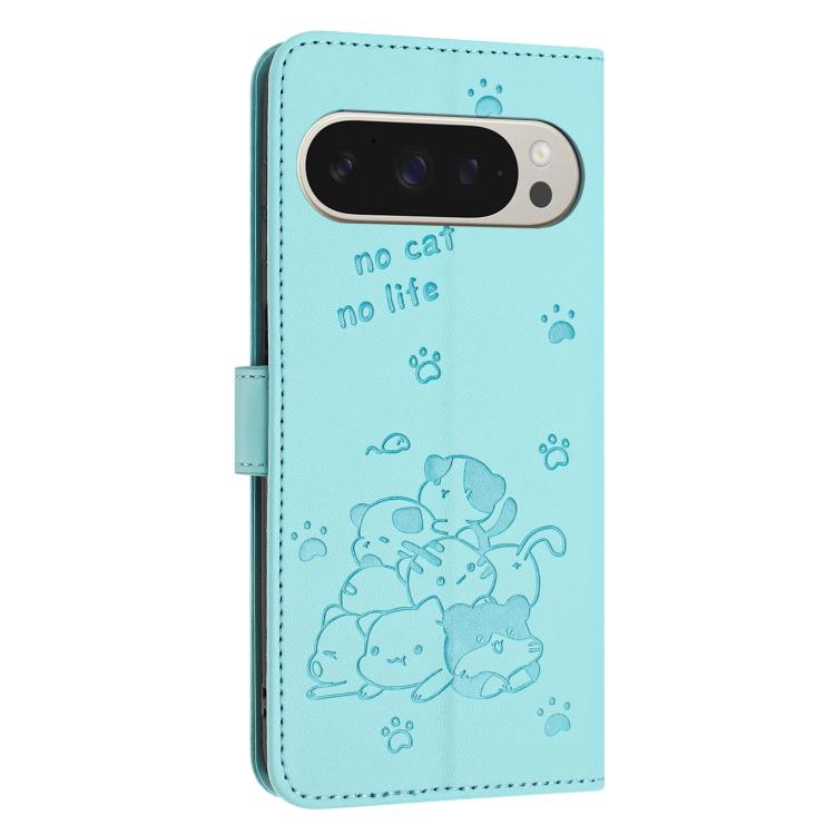 For Google Pixel 10 Pro XL Embossed Kitten Phone Leather Case with Lanyard(Mint Green) - Google Cases by buy2fix | Online Shopping UK | buy2fix