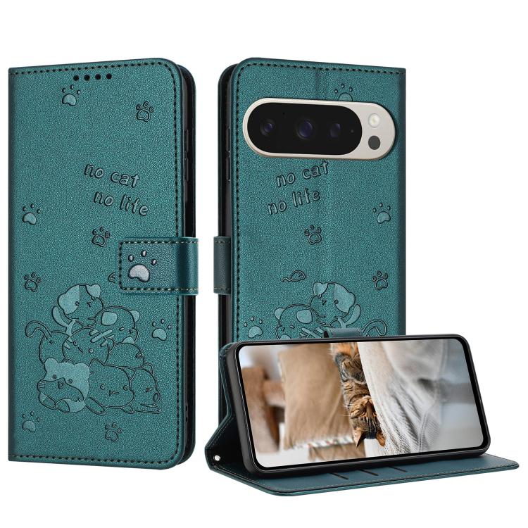 For Google Pixel 10 Pro XL Embossed Kitten Phone Leather Case with Lanyard(Dark Green) - Google Cases by buy2fix | Online Shopping UK | buy2fix