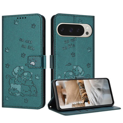 For Google Pixel 10 Pro XL Embossed Kitten Phone Leather Case with Lanyard(Dark Green) - Google Cases by buy2fix | Online Shopping UK | buy2fix