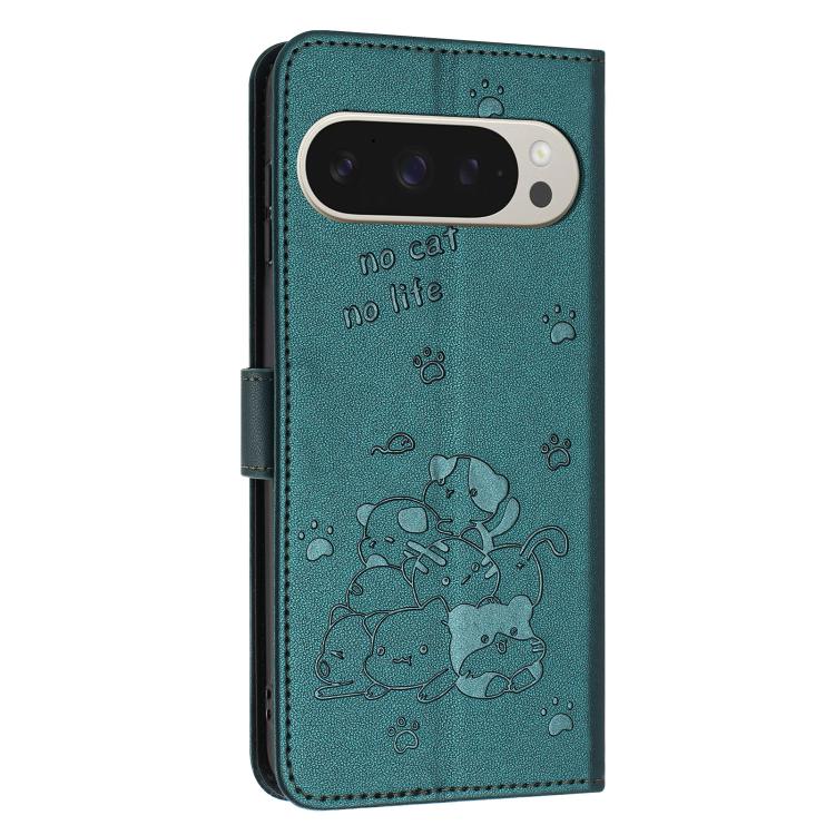 For Google Pixel 10 Pro XL Embossed Kitten Phone Leather Case with Lanyard(Dark Green) - Google Cases by buy2fix | Online Shopping UK | buy2fix