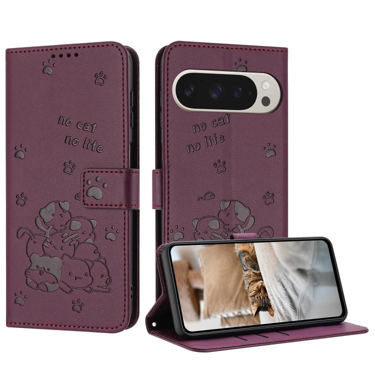 For Google Pixel 10 Pro XL Embossed Kitten Phone Leather Case with Lanyard(Wine Red) - Google Cases by buy2fix | Online Shopping UK | buy2fix