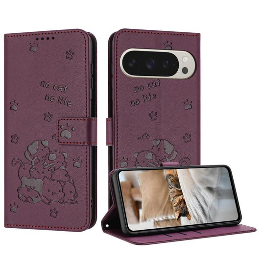 For Google Pixel 10 Pro XL Embossed Kitten Phone Leather Case with Lanyard(Wine Red) - Google Cases by buy2fix | Online Shopping UK | buy2fix
