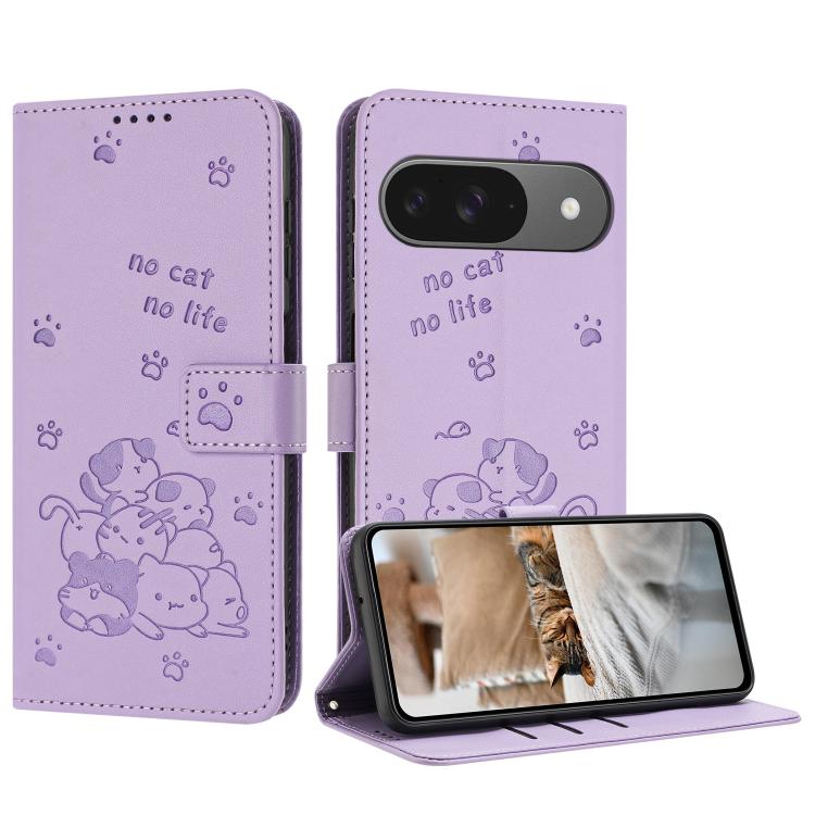 For Google Pixel 10 / 10 Pro Embossed Kitten Phone Leather Case with Lanyard(Purple) - Google Cases by buy2fix | Online Shopping UK | buy2fix