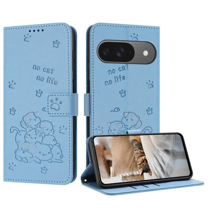 For Google Pixel 10 / 10 Pro Embossed Kitten Phone Leather Case with Lanyard(Blue) - Google Cases by buy2fix | Online Shopping UK | buy2fix