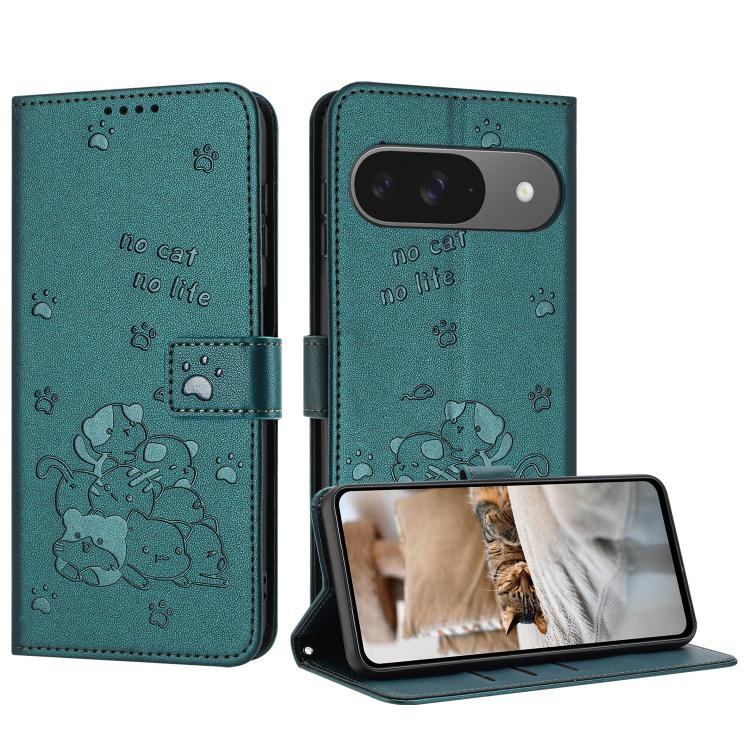 For Google Pixel 10 / 10 Pro Embossed Kitten Phone Leather Case with Lanyard(Dark Green) - Google Cases by buy2fix | Online Shopping UK | buy2fix
