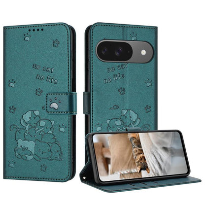 For Google Pixel 10 / 10 Pro Embossed Kitten Phone Leather Case with Lanyard(Dark Green) - Google Cases by buy2fix | Online Shopping UK | buy2fix