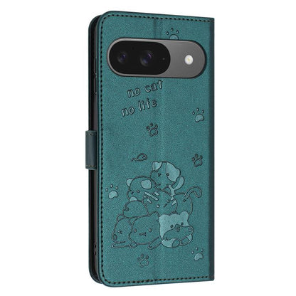 For Google Pixel 10 / 10 Pro Embossed Kitten Phone Leather Case with Lanyard(Dark Green) - Google Cases by buy2fix | Online Shopping UK | buy2fix