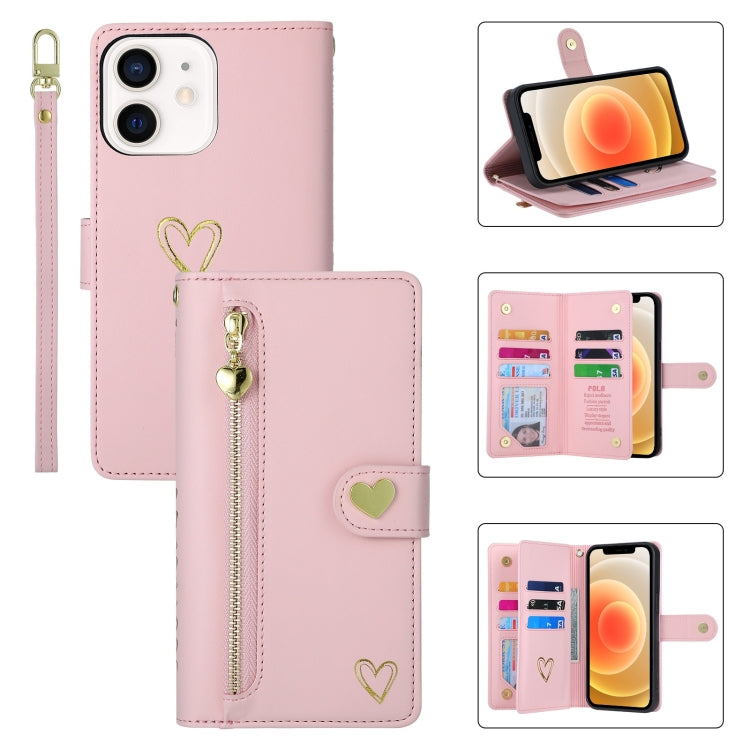 For iPhone 12 POLA Love Multi-Card Slots Zipper Wallet Leather Phone Case(Pink) - iPhone 12 / 12 Pro Cases by POLA | Online Shopping UK | buy2fix