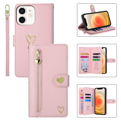 For iPhone 12 POLA Love Multi-Card Slots Zipper Wallet Leather Phone Case(Pink) - iPhone 12 / 12 Pro Cases by POLA | Online Shopping UK | buy2fix