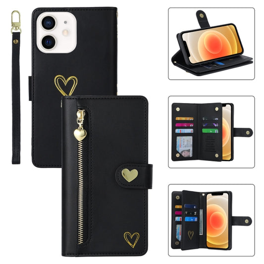 For iPhone 12 POLA Love Multi-Card Slots Zipper Wallet Leather Phone Case(Black) - iPhone 12 / 12 Pro Cases by POLA | Online Shopping UK | buy2fix