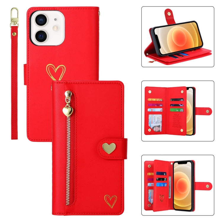 For iPhone 12 POLA Love Multi-Card Slots Zipper Wallet Leather Phone Case(Red) - iPhone 12 / 12 Pro Cases by POLA | Online Shopping UK | buy2fix