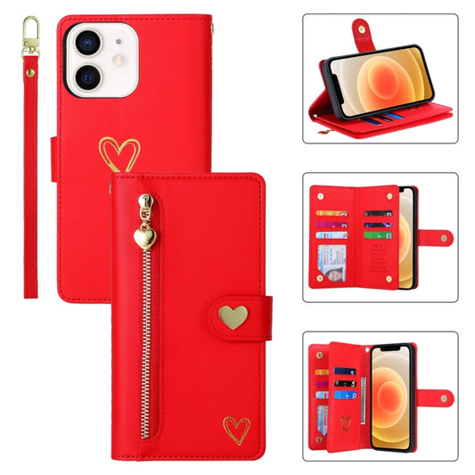 For iPhone 12 POLA Love Multi-Card Slots Zipper Wallet Leather Phone Case(Red) - iPhone 12 / 12 Pro Cases by POLA | Online Shopping UK | buy2fix