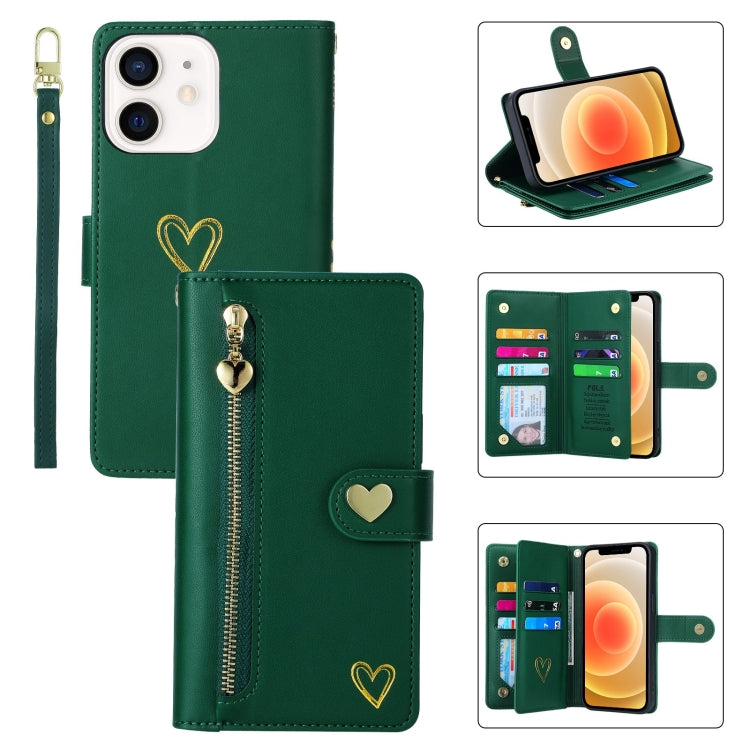 For iPhone 12 POLA Love Multi-Card Slots Zipper Wallet Leather Phone Case(Dark Green) - iPhone 12 / 12 Pro Cases by POLA | Online Shopping UK | buy2fix