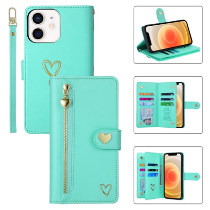 For iPhone 12 POLA Love Multi-Card Slots Zipper Wallet Leather Phone Case(Light Green) - iPhone 12 / 12 Pro Cases by POLA | Online Shopping UK | buy2fix