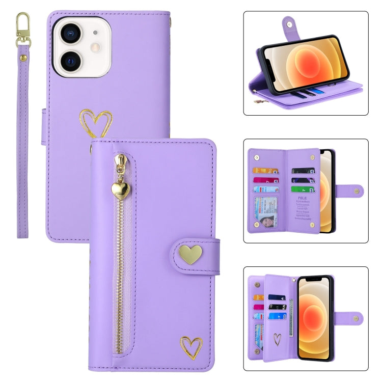 For iPhone 12 POLA Love Multi-Card Slots Zipper Wallet Leather Phone Case(Purple) - iPhone 12 / 12 Pro Cases by POLA | Online Shopping UK | buy2fix