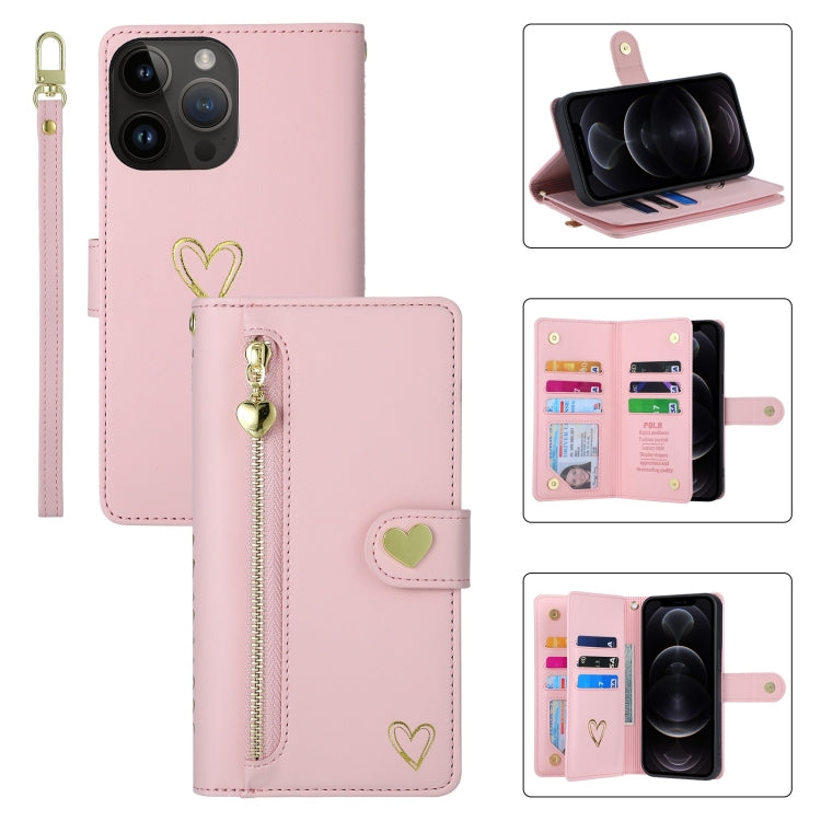 For iPhone 12 Pro POLA Love Multi-Card Slots Zipper Wallet Leather Phone Case(Pink) - iPhone 12 / 12 Pro Cases by POLA | Online Shopping UK | buy2fix