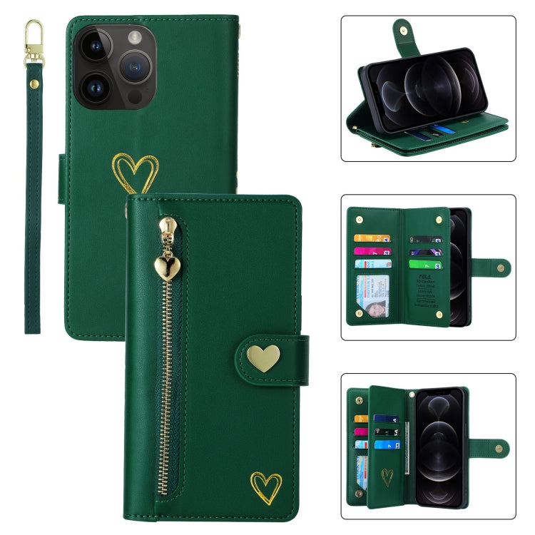 For iPhone 12 Pro POLA Love Multi-Card Slots Zipper Wallet Leather Phone Case(Dark Green) - iPhone 12 / 12 Pro Cases by POLA | Online Shopping UK | buy2fix