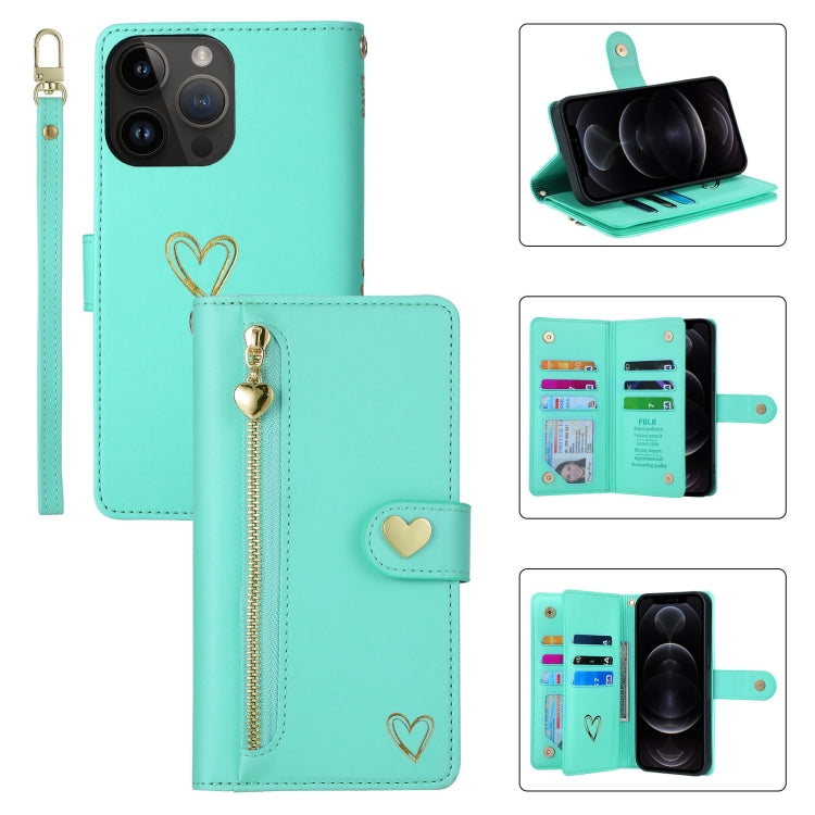 For iPhone 12 Pro POLA Love Multi-Card Slots Zipper Wallet Leather Phone Case(Light Green) - iPhone 12 / 12 Pro Cases by POLA | Online Shopping UK | buy2fix