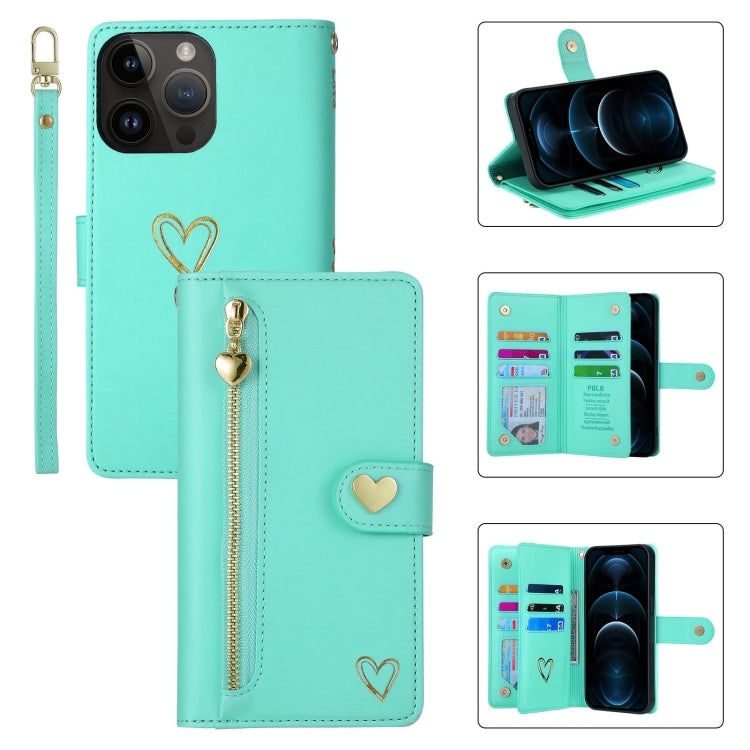 For iPhone 12 Pro Max POLA Love Multi-Card Slots Zipper Wallet Leather Phone Case(Light Green) - iPhone 12 Pro Max Cases by POLA | Online Shopping UK | buy2fix