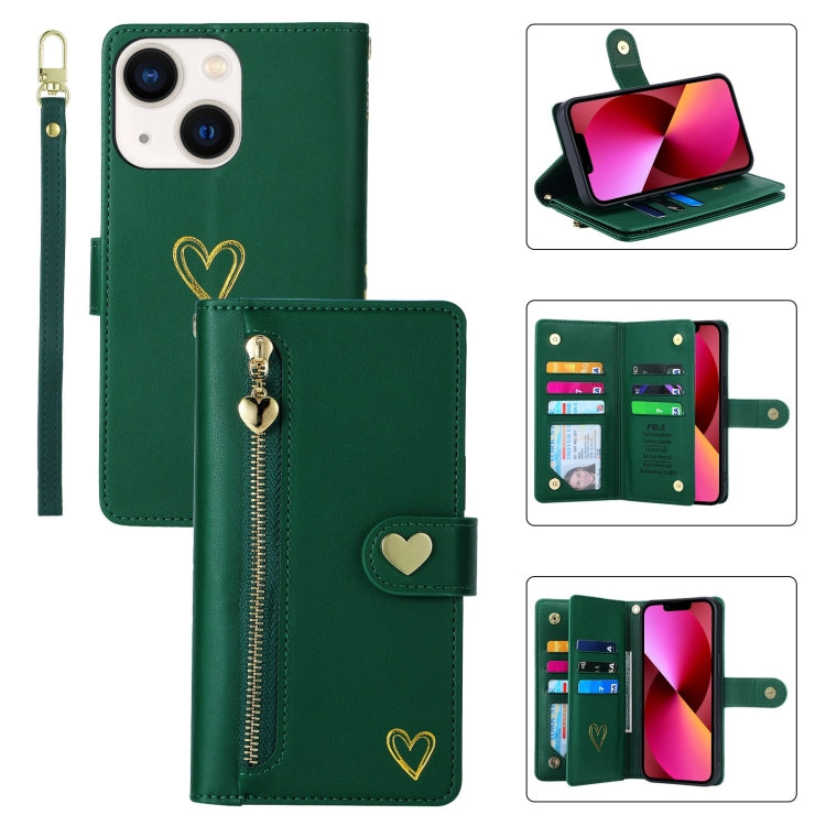 For iPhone 13 POLA Love Multi-Card Slots Zipper Wallet Leather Phone Case(Dark Green) - iPhone 13 Cases by POLA | Online Shopping UK | buy2fix