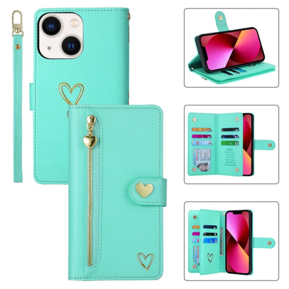 For iPhone 13 POLA Love Multi-Card Slots Zipper Wallet Leather Phone Case(Light Green) - iPhone 13 Cases by POLA | Online Shopping UK | buy2fix