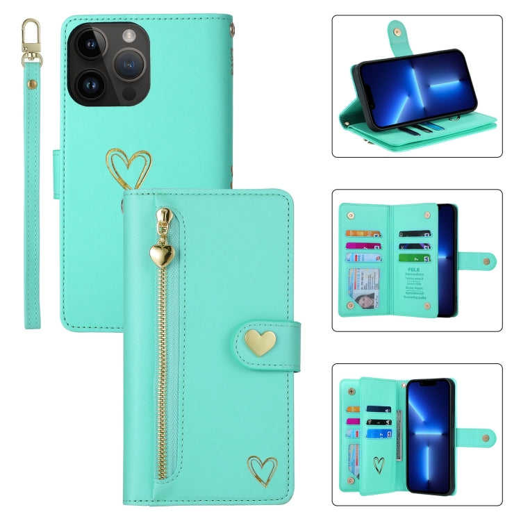 For iPhone 13 Pro POLA Love Multi-Card Slots Zipper Wallet Leather Phone Case(Light Green) - iPhone 13 Pro Cases by POLA | Online Shopping UK | buy2fix