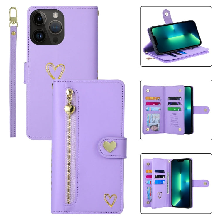 For iPhone 13 Pro Max POLA Love Multi-Card Slots Zipper Wallet Leather Phone Case(Purple) - iPhone 13 Pro Max Cases by POLA | Online Shopping UK | buy2fix