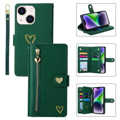 For iPhone 14 POLA Love Multi-Card Slots Zipper Wallet Leather Phone Case(Dark Green) - iPhone 14 Cases by POLA | Online Shopping UK | buy2fix