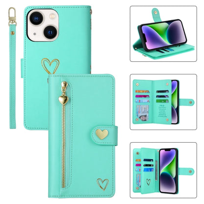 For iPhone 14 POLA Love Multi-Card Slots Zipper Wallet Leather Phone Case(Light Green) - iPhone 14 Cases by POLA | Online Shopping UK | buy2fix