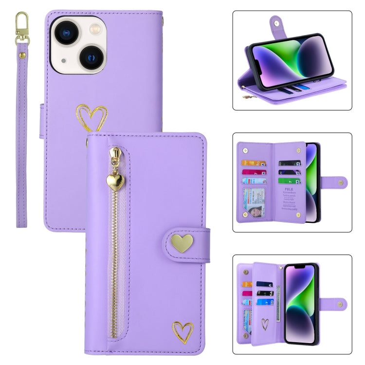 For iPhone 14 POLA Love Multi-Card Slots Zipper Wallet Leather Phone Case(Purple) - iPhone 14 Cases by POLA | Online Shopping UK | buy2fix