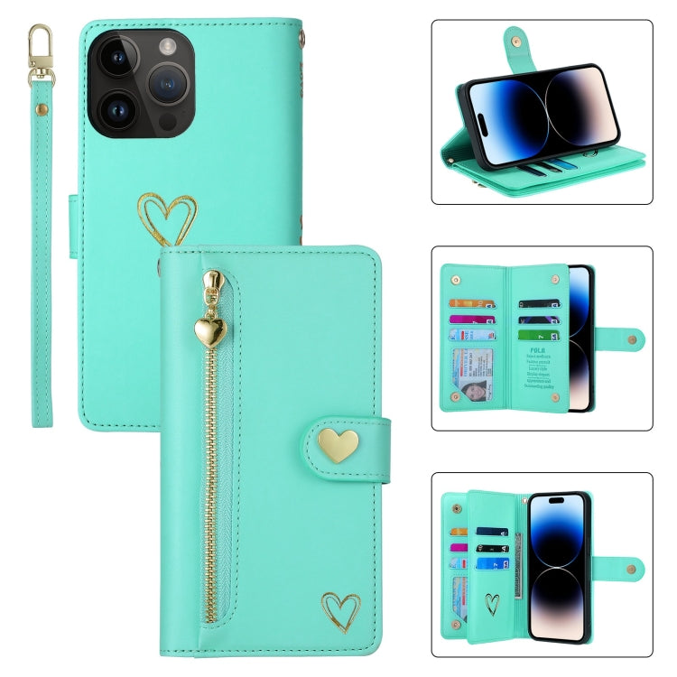 For iPhone 14 Pro POLA Love Multi-Card Slots Zipper Wallet Leather Phone Case(Light Green) - iPhone 14 Pro Cases by POLA | Online Shopping UK | buy2fix