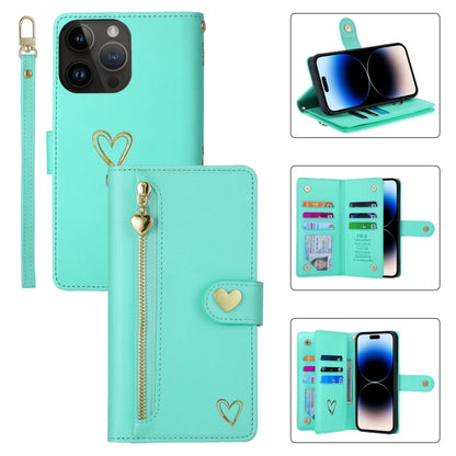 For iPhone 14 Pro POLA Love Multi-Card Slots Zipper Wallet Leather Phone Case(Light Green) - iPhone 14 Pro Cases by POLA | Online Shopping UK | buy2fix