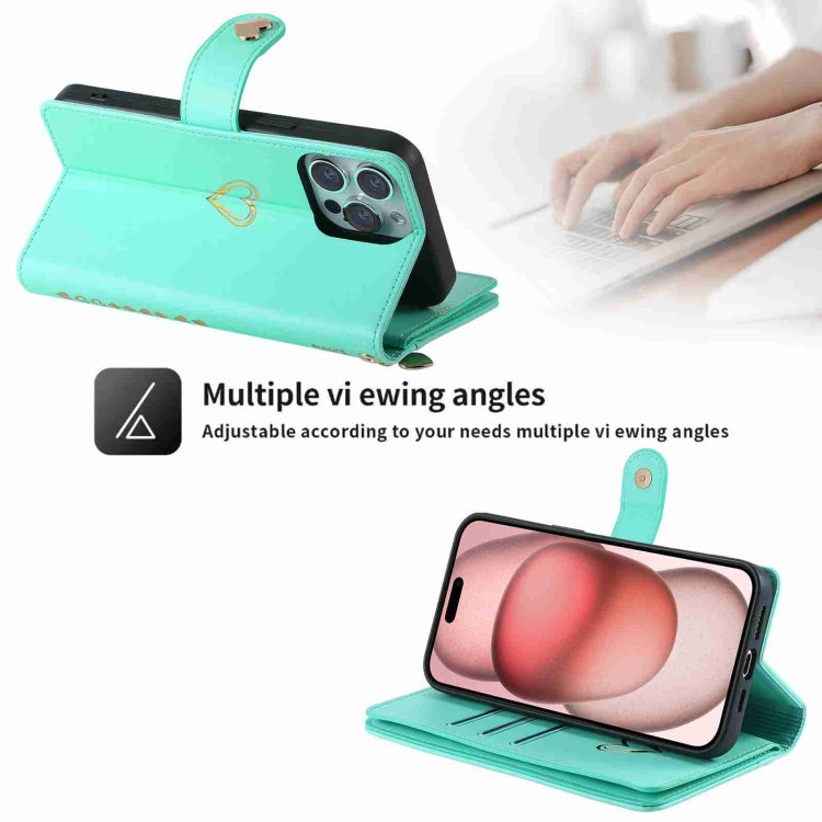 For iPhone 14 Pro POLA Love Multi-Card Slots Zipper Wallet Leather Phone Case(Light Green) - iPhone 14 Pro Cases by POLA | Online Shopping UK | buy2fix