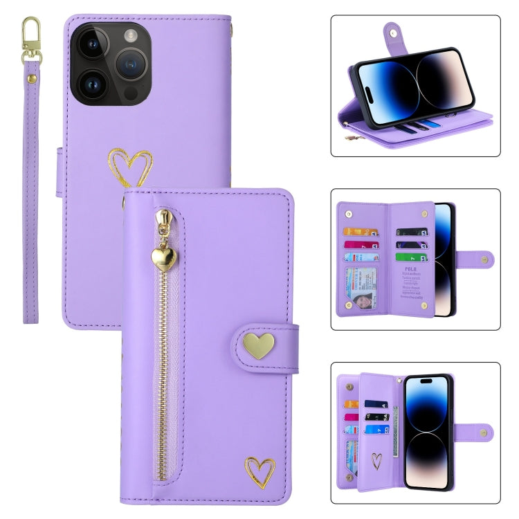 For iPhone 14 Pro Max POLA Love Multi-Card Slots Zipper Wallet Leather Phone Case(Purple) - iPhone 14 Pro Max Cases by POLA | Online Shopping UK | buy2fix