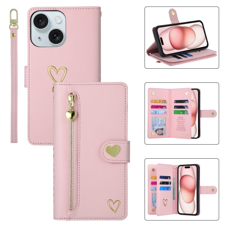 For iPhone 15 POLA Love Multi-Card Slots Zipper Wallet Leather Phone Case(Pink) - iPhone 15 Cases by POLA | Online Shopping UK | buy2fix