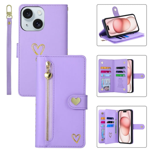 For iPhone 15 POLA Love Multi-Card Slots Zipper Wallet Leather Phone Case(Purple) - iPhone 15 Cases by POLA | Online Shopping UK | buy2fix