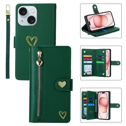 For iPhone 15 Plus POLA Love Multi-Card Slots Zipper Wallet Leather Phone Case(Dark Green) - iPhone 15 Plus Cases by POLA | Online Shopping UK | buy2fix