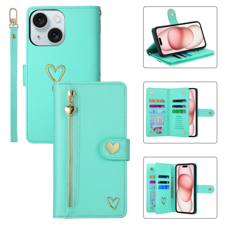 For iPhone 15 Plus POLA Love Multi-Card Slots Zipper Wallet Leather Phone Case(Light Green) - iPhone 15 Plus Cases by POLA | Online Shopping UK | buy2fix