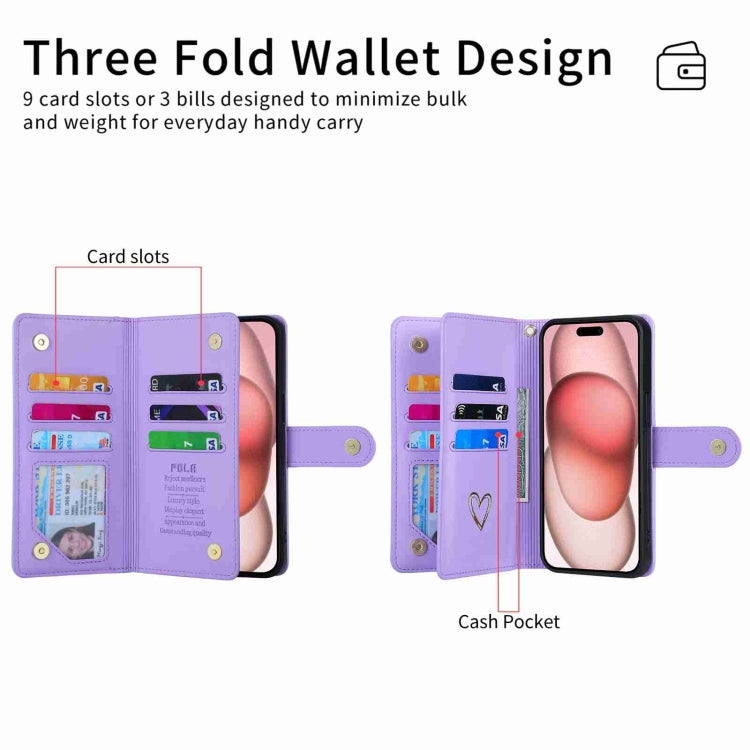 For iPhone 15 Plus POLA Love Multi-Card Slots Zipper Wallet Leather Phone Case(Purple) - iPhone 15 Plus Cases by POLA | Online Shopping UK | buy2fix