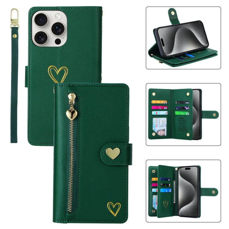 For iPhone 15 Pro POLA Love Multi-Card Slots Zipper Wallet Leather Phone Case(Dark Green) - iPhone 15 Pro Cases by POLA | Online Shopping UK | buy2fix