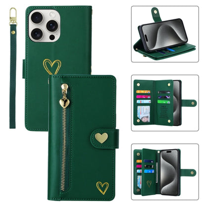 For iPhone 15 Pro POLA Love Multi-Card Slots Zipper Wallet Leather Phone Case(Dark Green) - iPhone 15 Pro Cases by POLA | Online Shopping UK | buy2fix