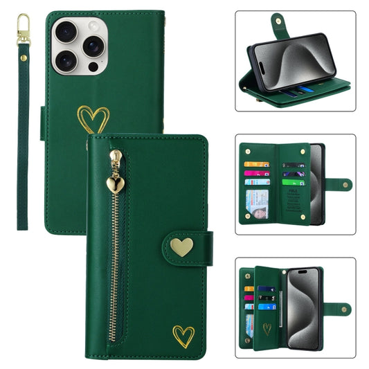For iPhone 15 Pro POLA Love Multi-Card Slots Zipper Wallet Leather Phone Case(Dark Green) - iPhone 15 Pro Cases by POLA | Online Shopping UK | buy2fix