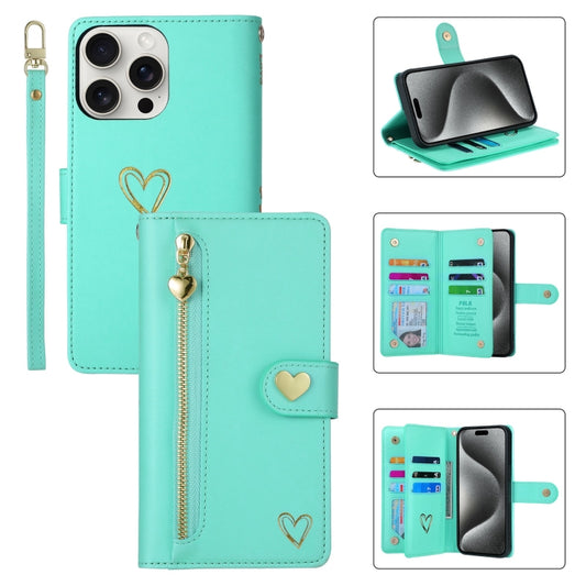 For iPhone 15 Pro POLA Love Multi-Card Slots Zipper Wallet Leather Phone Case(Light Green) - iPhone 15 Pro Cases by POLA | Online Shopping UK | buy2fix