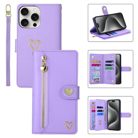 For iPhone 15 Pro POLA Love Multi-Card Slots Zipper Wallet Leather Phone Case(Purple) - iPhone 15 Pro Cases by POLA | Online Shopping UK | buy2fix